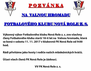 VALNÁ HROMADA FKNR - Sobota 11. 11. 2017 od 9:00 hodin