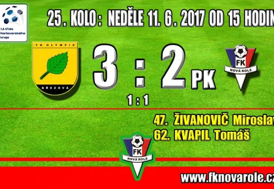 DOBRÝ VÝKON SE ŠPATNÝM VÝSLEDKEM: OLYMPIE BŘEZOVÁ  -  FKNR  3 - 2 po PK 