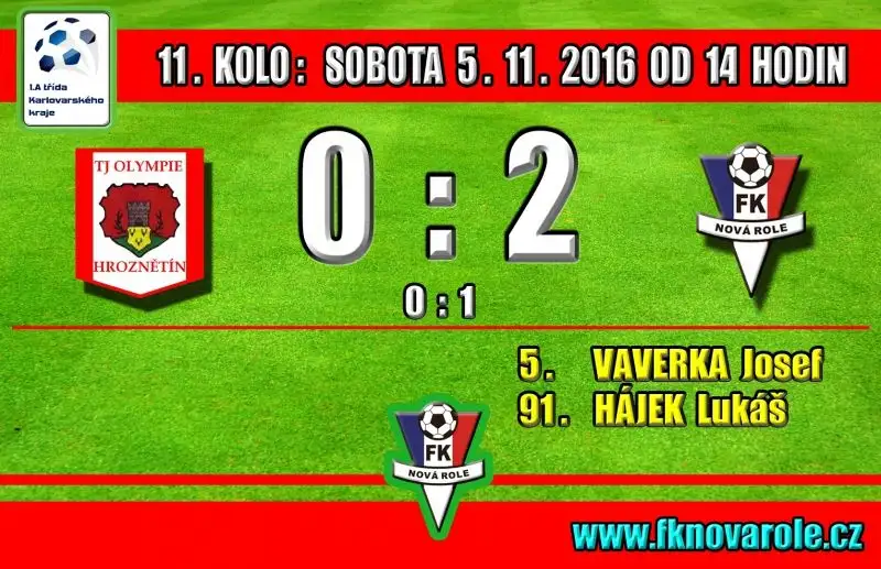 VÍTĚZNĚ I V POSLEDNÍM UTKÁNÍ PODZIMU: OLYMPIE HROZNĚTÍN  -  FKNR  0 : 2