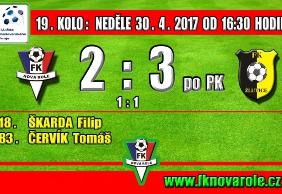 S VEDOUCÍM CELKEM REMÍZA A PORÁŽKA NA PENALTY: FKNR  -  FK ŽLUTICE  2 : 3 PO PK