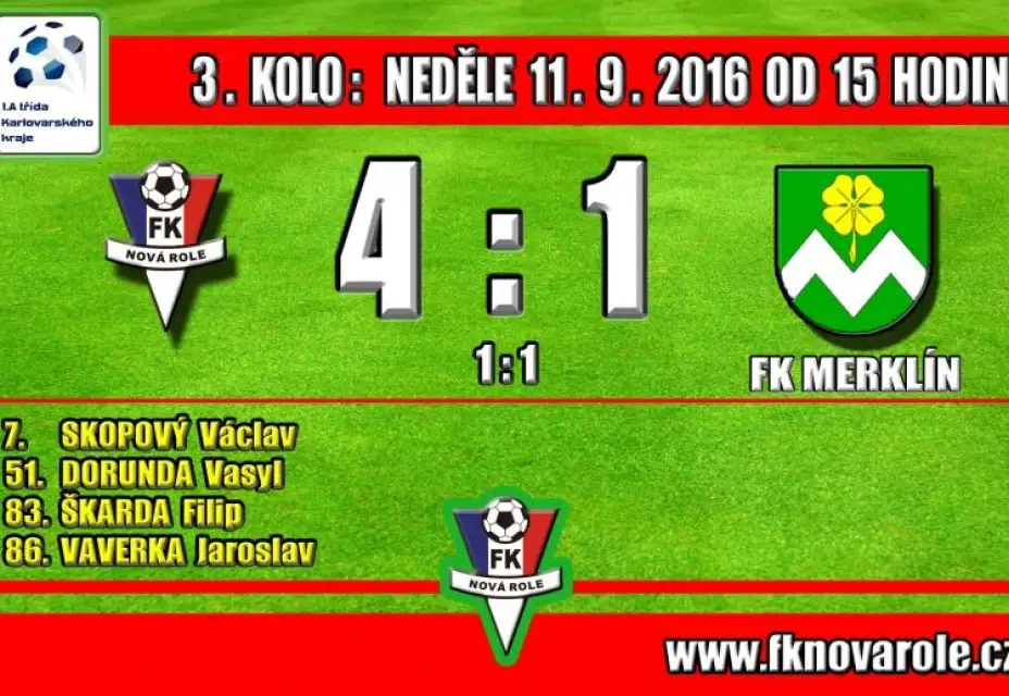 A TÝM DOMA OPĚT VÍTĚZNĚ: FKNR  -  FK MERKLÍN  4 : 1